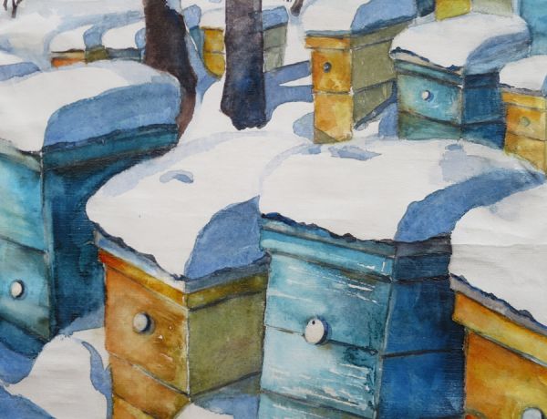 Bienenbeuten im Winter, 2019, 32 x 45 cm, Ingrespapier