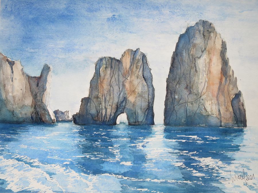 Capri-Faraglioni Felsen, 2021, 45 x 32 cm, Ingrespapier