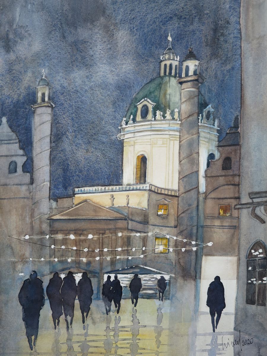 Karlsplatz im Advent, 2020, 32 x 45 cm, Ingrespapier