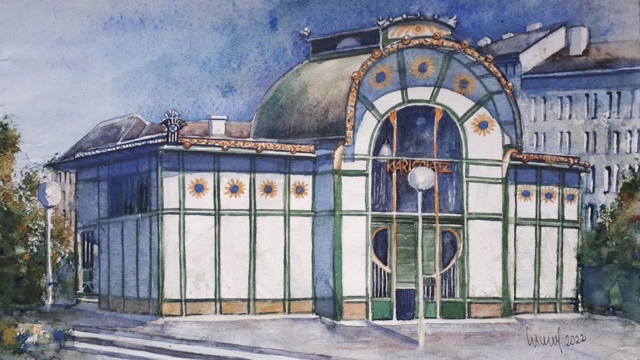 Otto Wagner Pavillion Station Karlsplatz, 2022, 45 x 32 cm, Ingrespapier