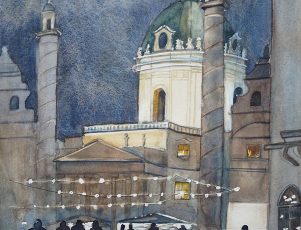 Karlsplatz im Advent, 2020, 32 x 45 cm, Ingrespapier