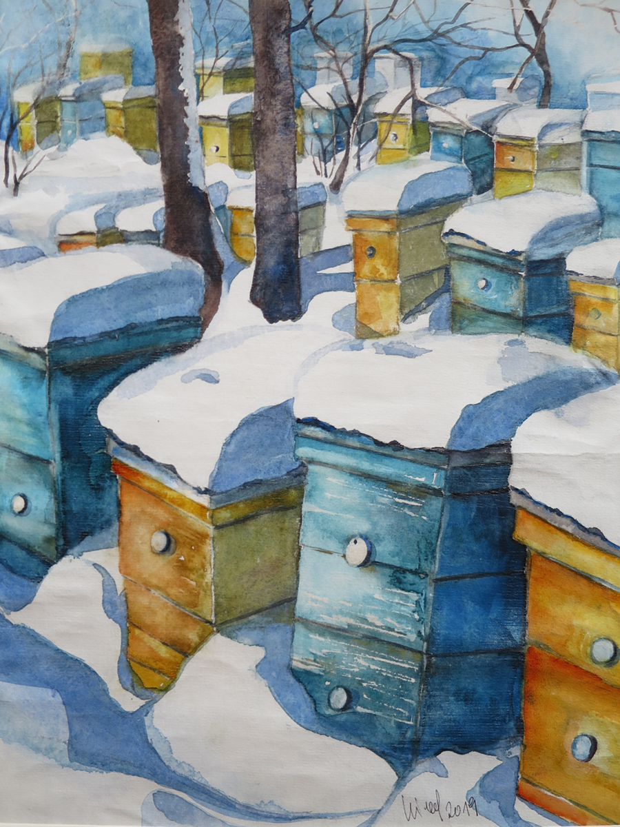 Bienenbeuten im Winter, 2019, 32 x 45 cm, Ingrespapier