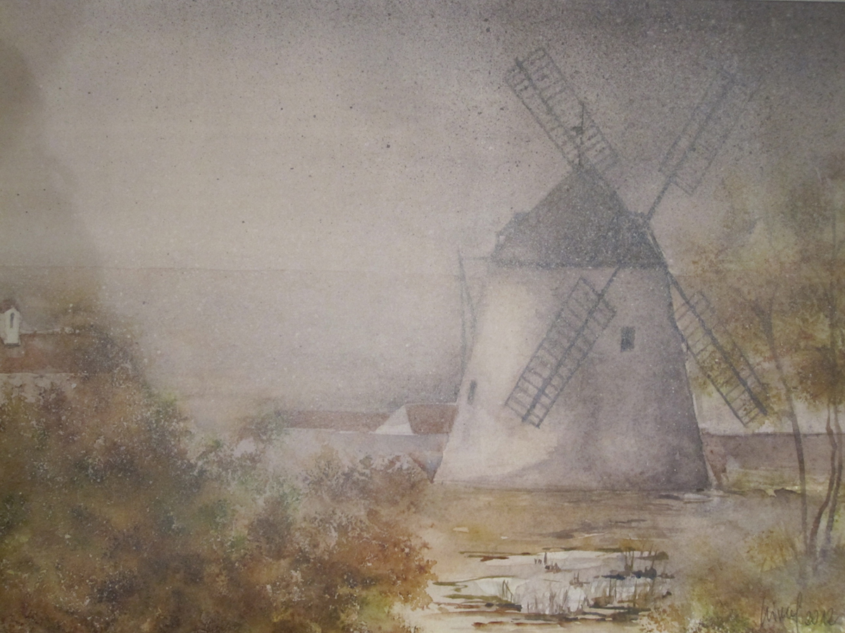 Retzer Windmühle im Oktobernebel, 2012, 45 x 32 cm, Ingrespapier