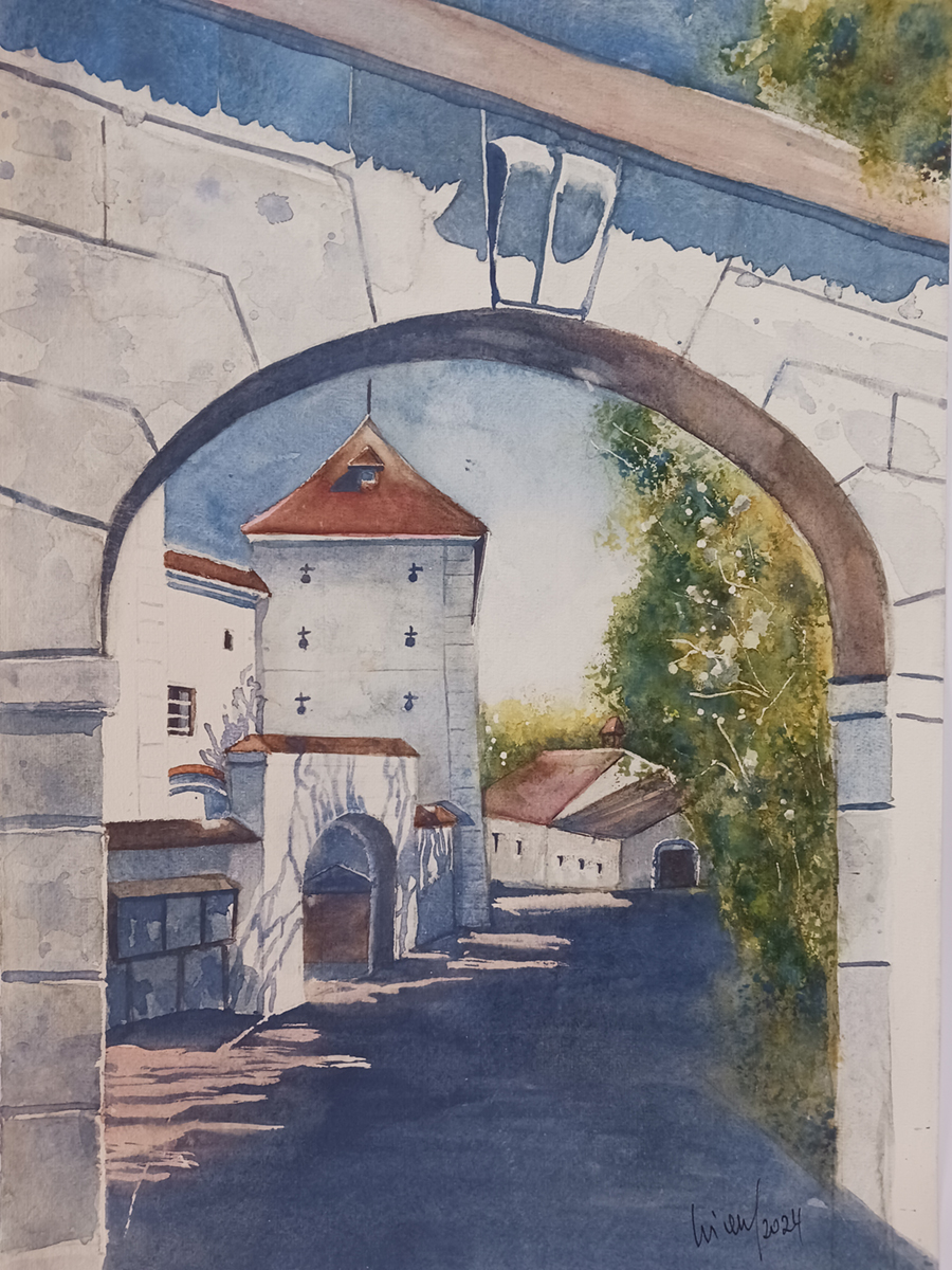 Schloss Leiben, Wachau, 2024, 32 x 45 cm, Ingrespapier