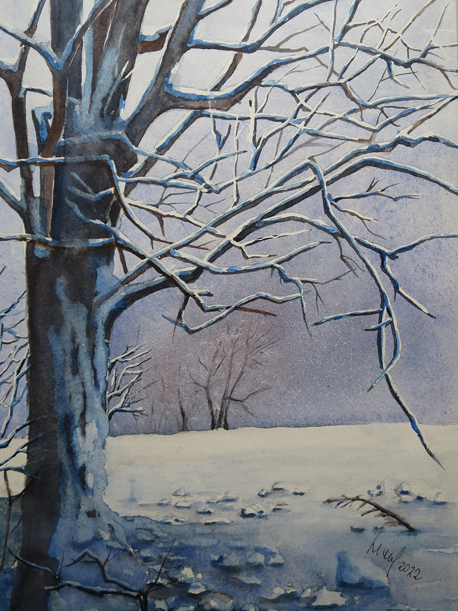 Winterimpression, 2022, 32 x 45 cm, Ingrespapier